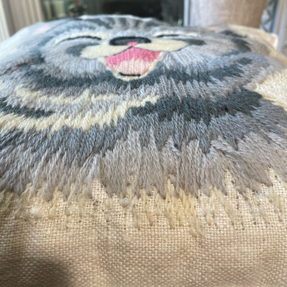 Vintage kitty cat white & grey embroidery crewel fabric pillow Buscilla - Picture 4 of 6